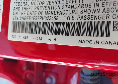 2023 Honda Civic Touring z USA, uszkodzony, nr VIN 2HGFE1F97PH323458